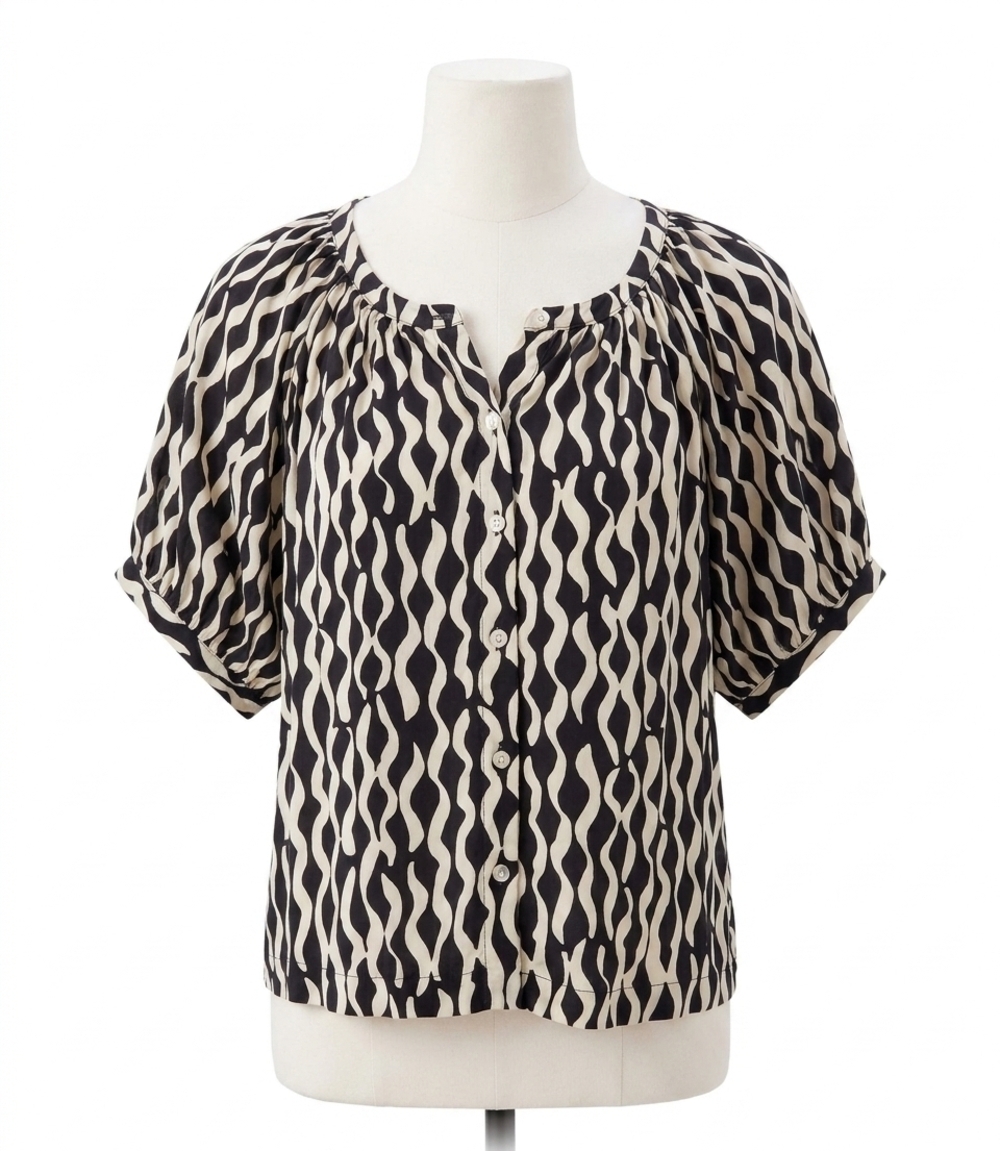 NEW KAREN KANE satin short sleeve peasant top - petite in print